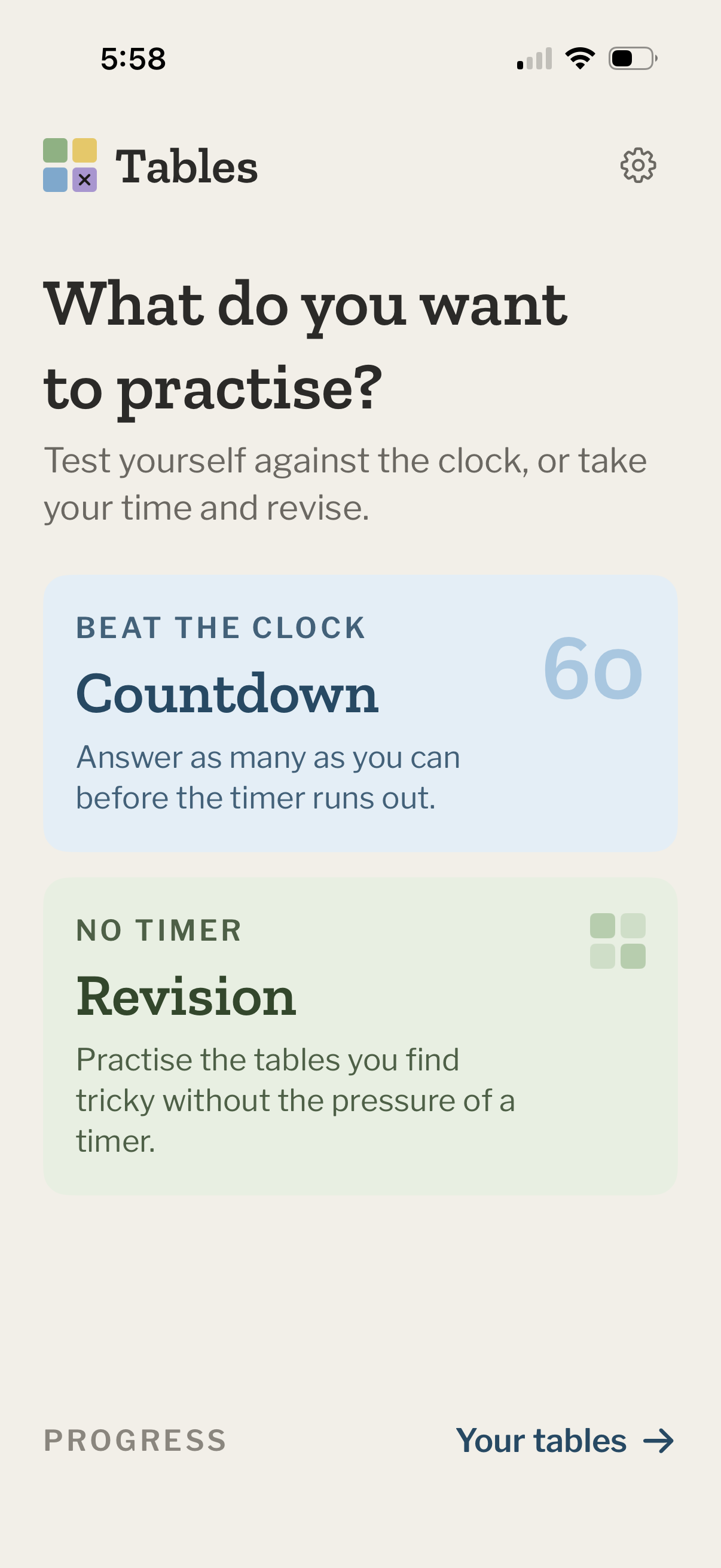 The Tables app home screen asking "What do you want to practise?", with Countdown and Revision practice modes.